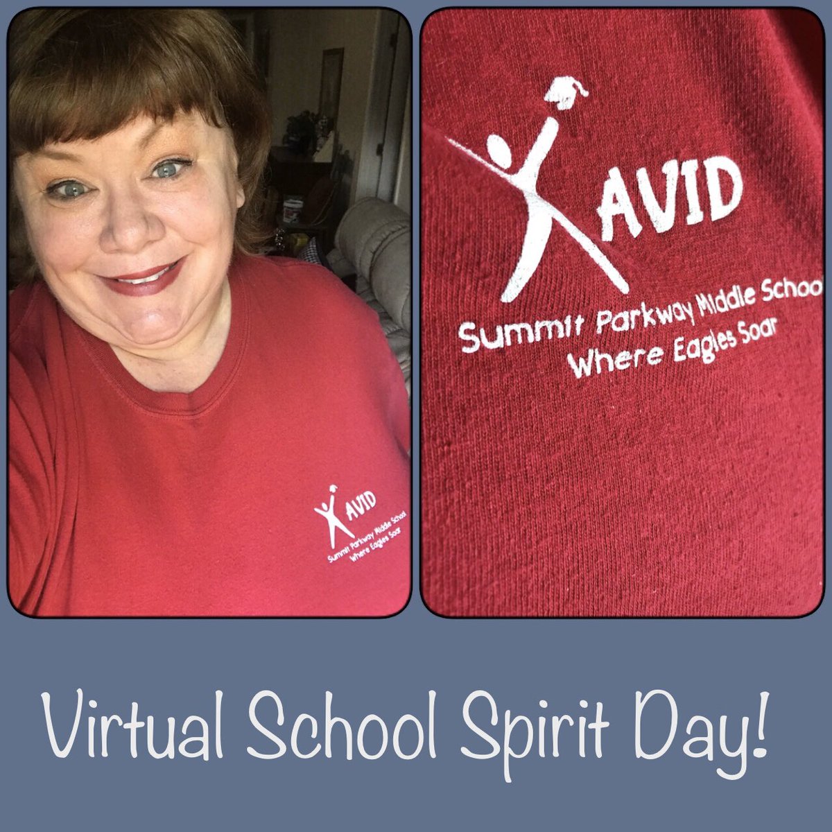 SusanTchr's tweet photo. @SummitMS_AVID Virtual Spirit Week: Show your @spmeagles @AVID4College pride! #EaglePride #InvestInTheNest #PremierInTheNest #WeAreConnected #eLearningWeek2 https://t.co/sf7yQL36KD