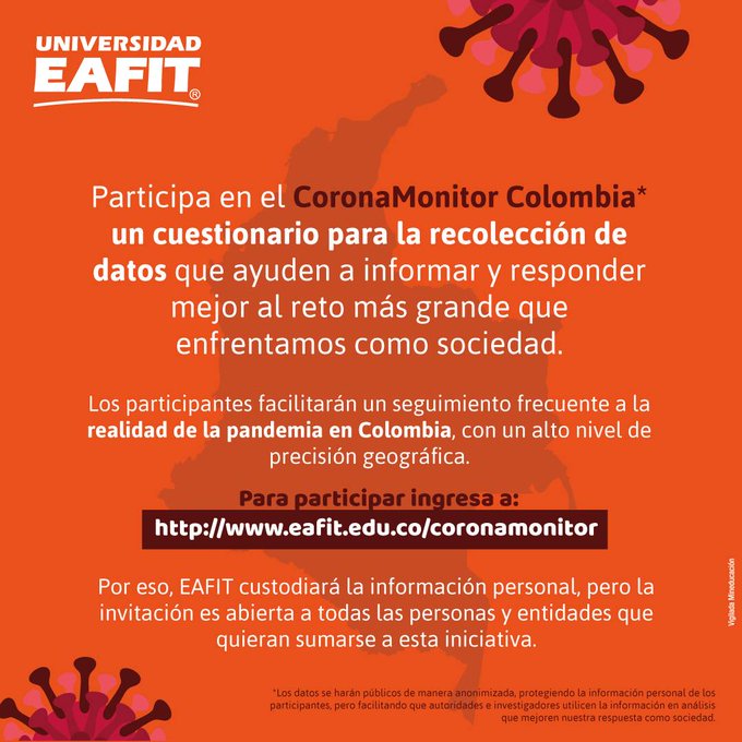 proantioquia1's tweet photo. Hoy queremos resaltar la iniciativa #CoronaMonitor, de 
@EAFIT
, que pretende hacerle seguimiento frecuente a la realidad del #Covid19Colombia, con un alto nivel de precisión geográfica. ¡Entre más personas participen, mejor!

👉🏽https://t.co/FL2Kqrt6un 👈🏽

#EntreTodosNosCuidamos https://t.co/EMYMOKebr8