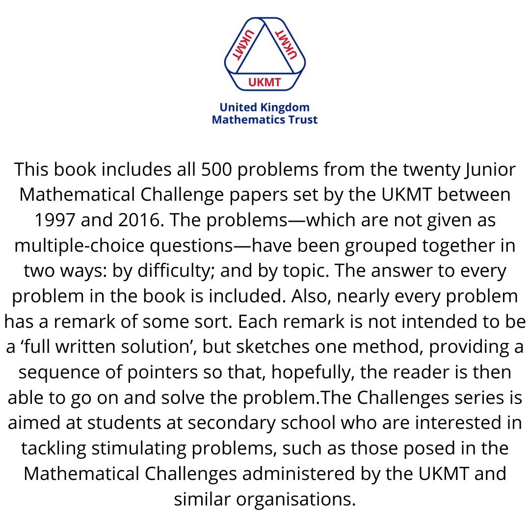 UKMathsTrust's tweet photo. Publication Of The Week: Junior Problems

Purchase here: https://t.co/9k179us3Zj

#UKMT #UKMathematicsTrust #JuniorProblems https://t.co/SiRoaY743n