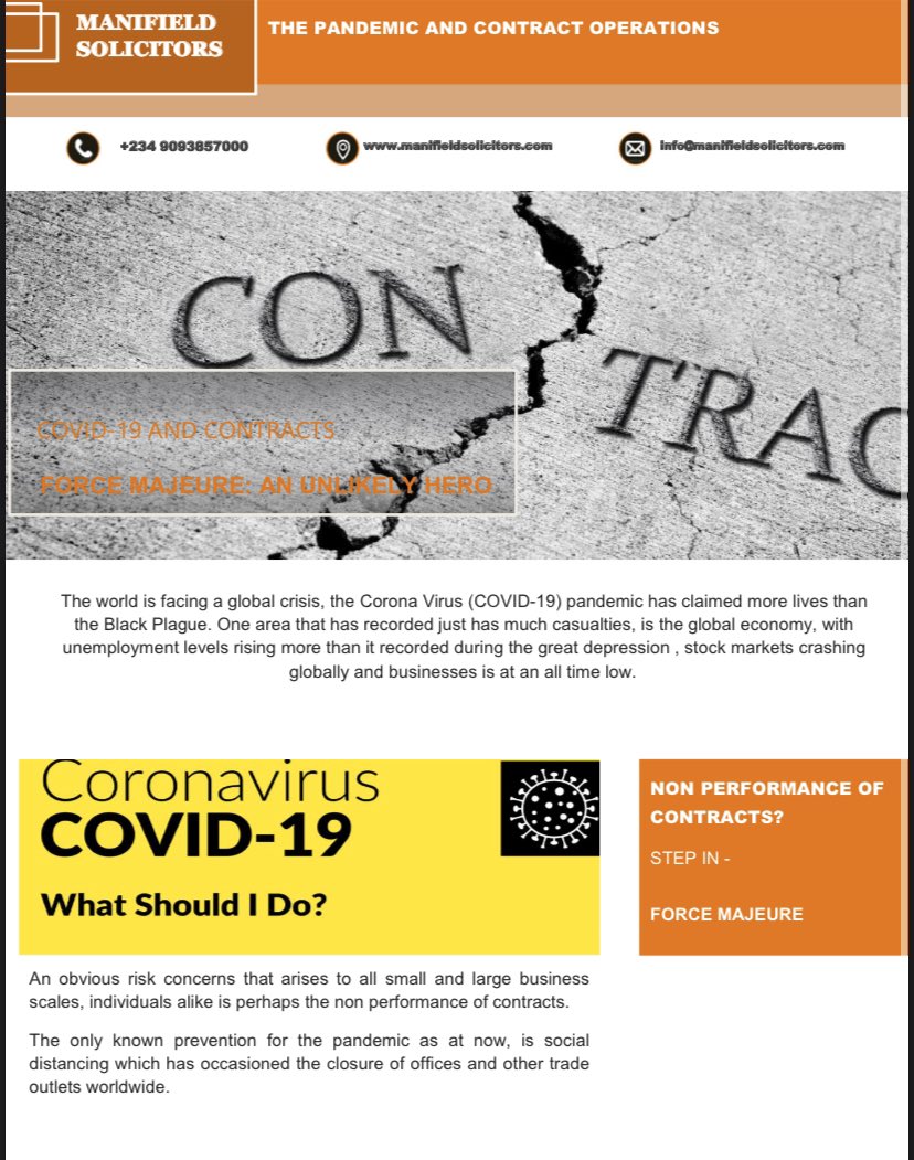 Manifield_Firm's tweet photo. What do you know about Force Majeure? Did you know it can be activated for inability to execute contractual obligations due to #COVID19? To what extent does this apply? Stay tuned for the series #COVID19Nigeria #ManifieldSolicitors https://t.co/xpQqRxT3hK