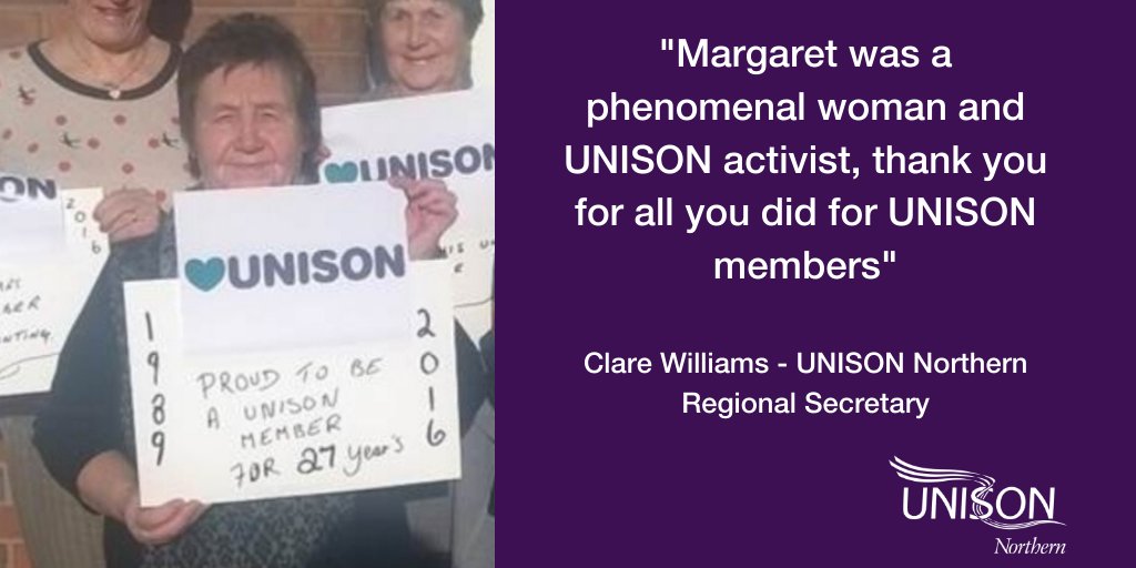 Today we pay tribute to Margaret Beck a brilliant UNISON woman and rep. Margaret was dedicated to supporting others in her work and community and her contributions will always be valued. Margaret was a truly lovely person, her smile lit up meetings, her legacy will stay with us.