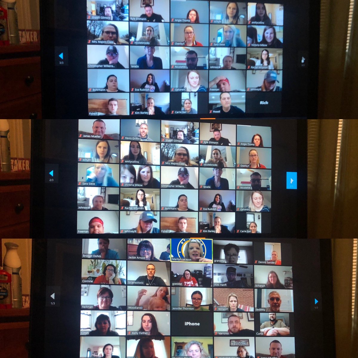 Counselor_SMS's tweet photo. Three screenshots full of @FoxMiddleSchool staff for our first Zoom staff meeting! It was SO good to see everyone’s smiling faces 😊 #FMSstrong #BetterTogether @FoxC6Super @FoxC6Schools https://t.co/DIG7d1pKn8