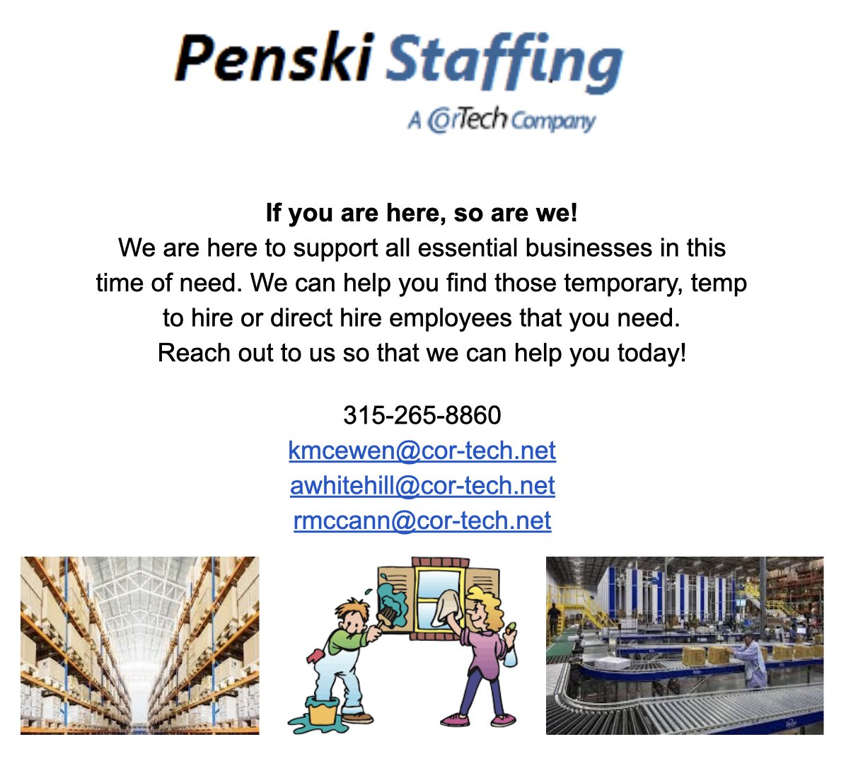 MassenaChamber's tweet photo. Penski Staffing - St. Lawrence County is still here for your employment needs! Find employees for any role by giving them a call at 315-265-8860.
Or email:
kmcewen@cor-tech.net
awhitehill@core-tech.net
rmccann@cor-tech.net
#EmployingMadeEasy #NNY #AwesomeMembers https://t.co/FQ8gVL3e2L