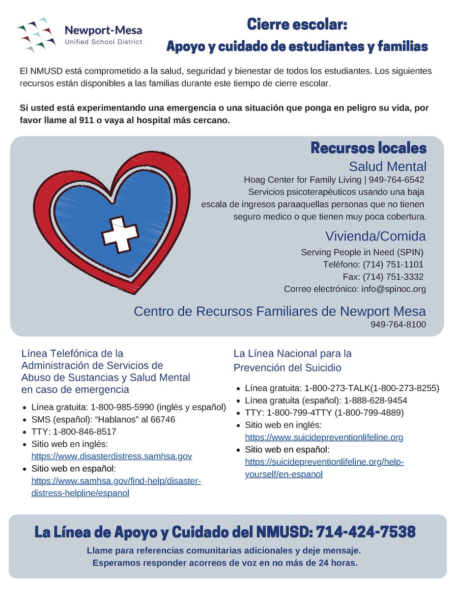 #NMUSD support services for our students and families related to mental health, housing, food, suicide prevention &amp; substance abuse resources. If families need additional mental health &amp;wellness resources, contact the Support &amp; Care phone number: 714-424-7538.