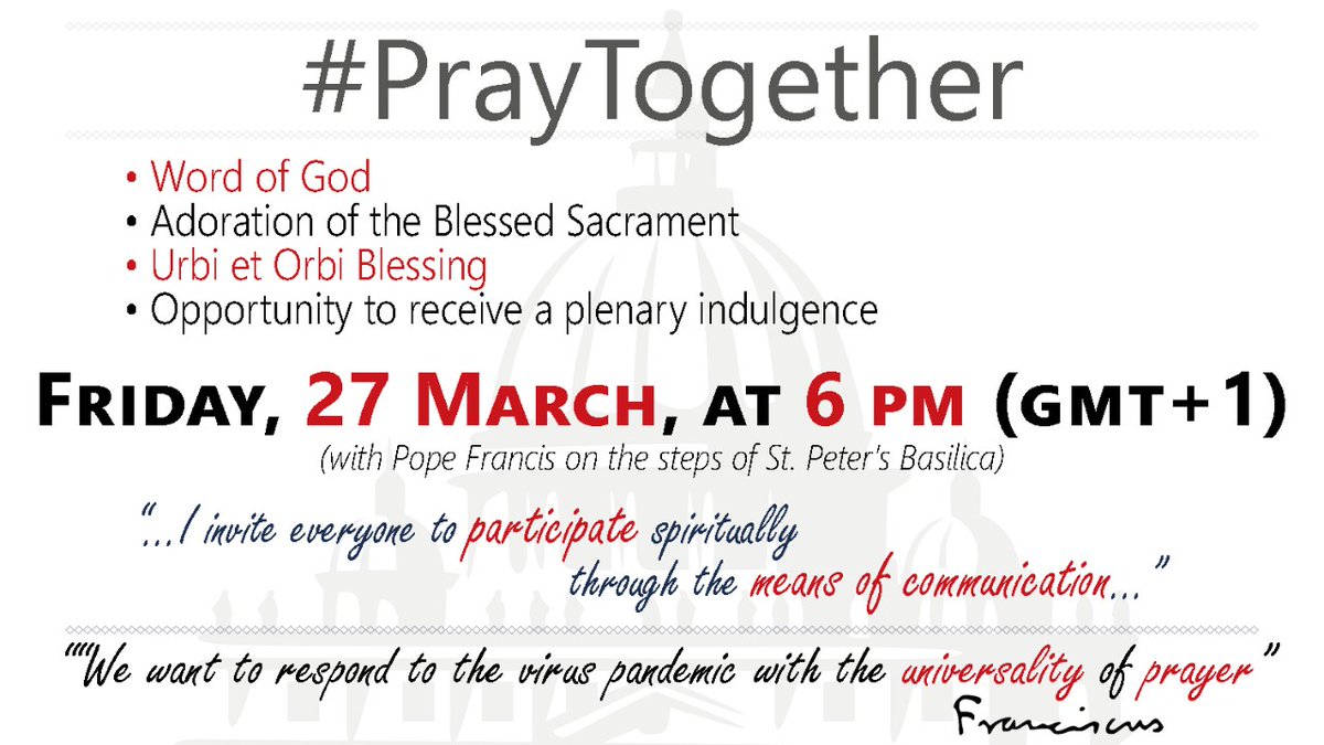 VaticanNews's tweet photo. #PopeFrancis delivers his a special Urbi et Orbi blessing in just 30 mintues, broadcast live on our Facebook page. https://t.co/MHd4Y8VglH https://t.co/ZT0DHsYlbc