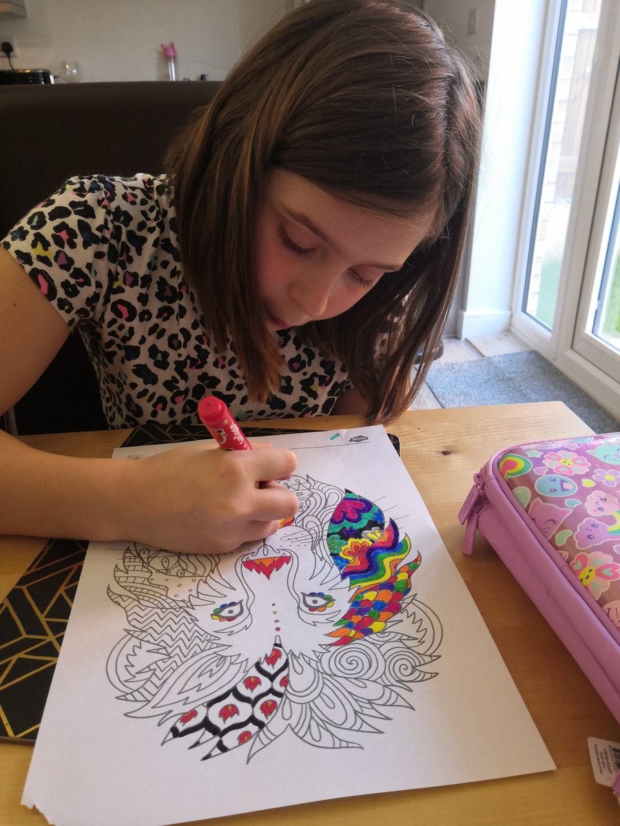 Ang250771's tweet photo. @JCAWakefield Freya's been busy with lots of school work, gymnastics and baking and is finishing the week off with some mindfulness colouring. Her sister and I are colouring too. It's very therapeutic! https://t.co/MDEC1LgaQQ