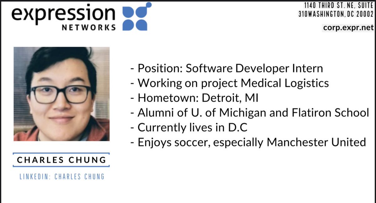 expr_ai's tweet photo. Welcoming Charles to the Expression family! Charles hit the ground running going immediately to work on Medical Logistics.  #expression #welcometotheteam https://t.co/o8i8V6GRzD