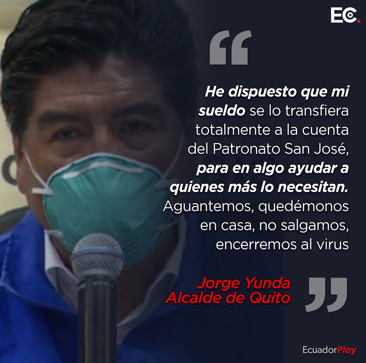 “He dispuesto que mi sueldo se lo transfiera totalmente a la cuenta del <a href="/PatronatoSJ/">Patronato San José Quito</a>, para en algo ayudar a quienes más lo necesitan. Aguantemos, quedémonos en casa, no salgamos, encerremos al virus” el mensaje del Alcalde <a href="/LoroHomero/">Jorge Yunda Machado</a> en la Maratón #QuitoSolidario

#EcuadorUnido