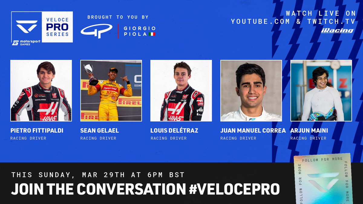 VeloceEsports's tweet image. You asked for more IRL racing drivers... Here are 5 more joining us this Sunday 🔥  

🏎️ @PiFitti 
🏎️@gelaelized
🏎️@LouisDeletraz 
🏎️@JMCorrea__
🏎️@ArjunMaini

#VelocePro by @veloceEsports
Sunday 29th March 6 pm GMT
LIVE on youtube.com/veloceesports
In partnership with @MSportgames