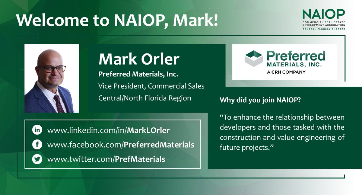 Welcome to NAIOP Central Florida, Mark Orler!

#CRE #NAIOPCentralFlorida #NAIOP #CommercialRealEstate