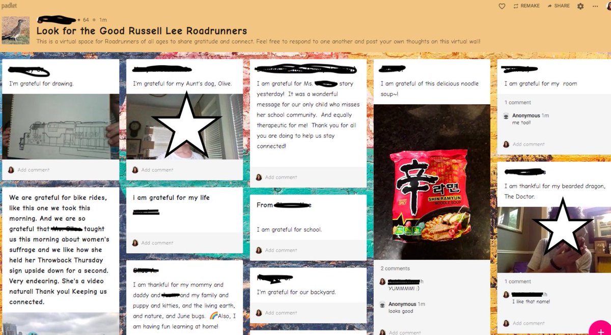 Caitlin Sileo (@caitlinsileo) on Twitter photo One routine we have continued <a href="/LeeRoadrunners/">Russell Lee Elem Roadrunners</a> is a digital version of our gratitude wall that <a href="/Leahgilbert30/">leah gilbert</a> started for our "Look for the Good" project: our virtual wall is starting to mirror what our school wall once looked like! youtube.com/watch?v=utT9Ij… One routine we have continued <a href="/LeeRoadrunners/">Russell Lee Elem Roadrunners</a> is a digital version of our gratitude wall that <a href="/Leahgilbert30/">leah gilbert</a> started for our "Look for the Good" project: our virtual wall is starting to mirror what our school wall once looked like! youtube.com/watch?v=utT9Ij…