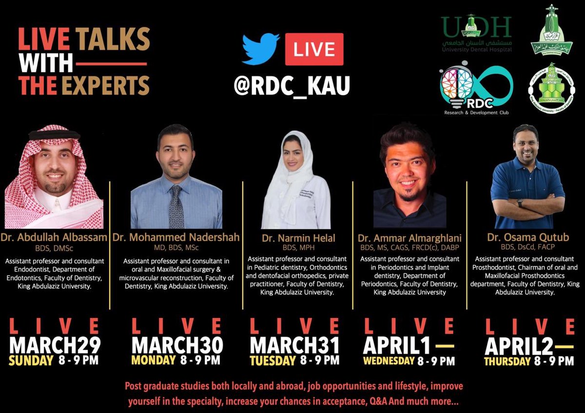 RDC_KAU's tweet photo. انطلاقًا من يوم الأحد القادم نتشرف بإستضافة نخبة من الاستشاريين في مختلف تخصصات طب الأسنان في بث مباشر على حسابنا🎥

للحديث عن التخصصات وفرص الدراسة داخليًا وخارجيًا وللإجابة عن استفساراتكم 📝

يوميًا من الأحد وحتى الخميس من الساعة الثامنة وحتى الساعة التاسعة مساءً بإذن الله ⏱✨ https://t.co/zfvINT52gI