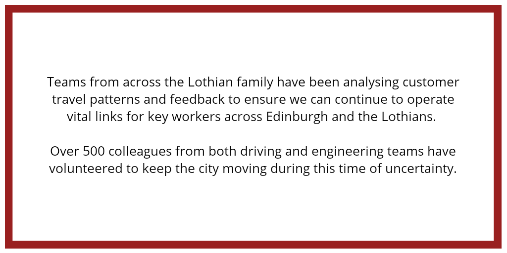 From Sunday 29 March we will introduce a critical services network to deliver travel across Edinburgh &amp; the Lothians. Customers can view updated timetables &amp; plan journeys at lothianbuses.co.uk or through the app at tfeapp.com #COVID19 #ThankYouKeyWorkers