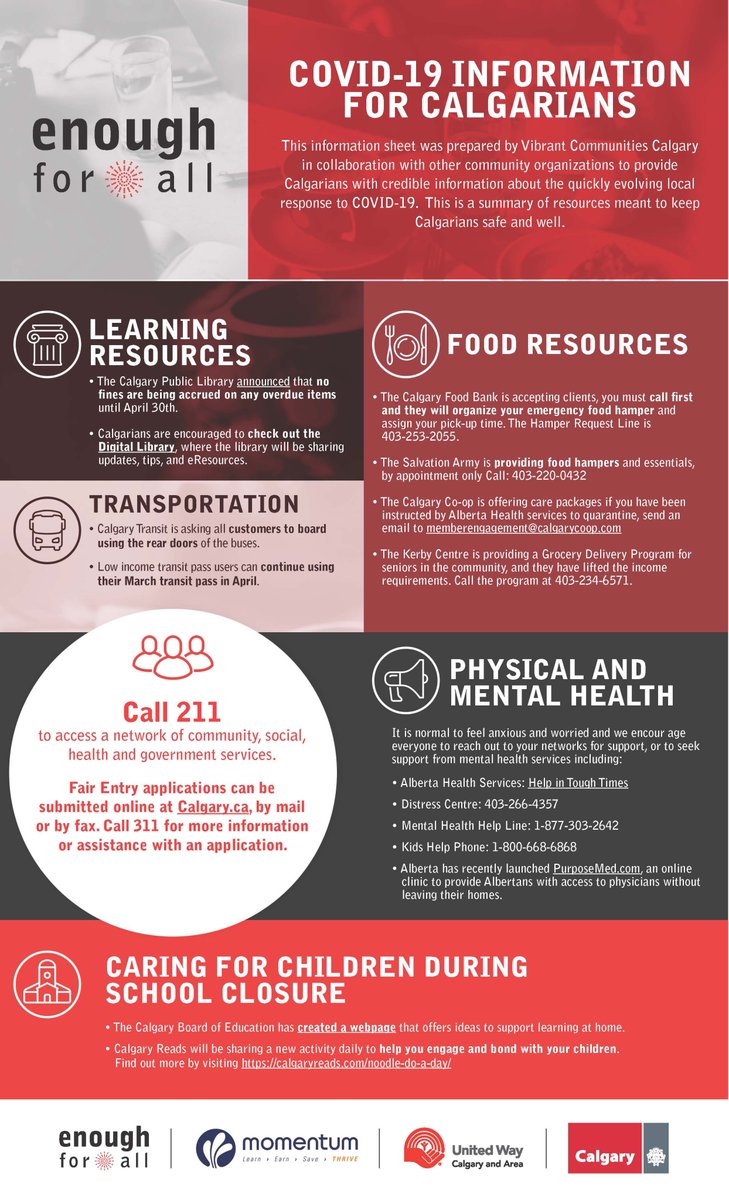 VibrantCalgary's tweet photo. COVID-19 INFORMATION FOR CALGARIANS

This sheet was prepared by VCC in collaboration with other community organizations to provide Calgarians with credible information. This is a summary of resources meant to keep Calgarians safe and well. https://t.co/QJSYePdO1J