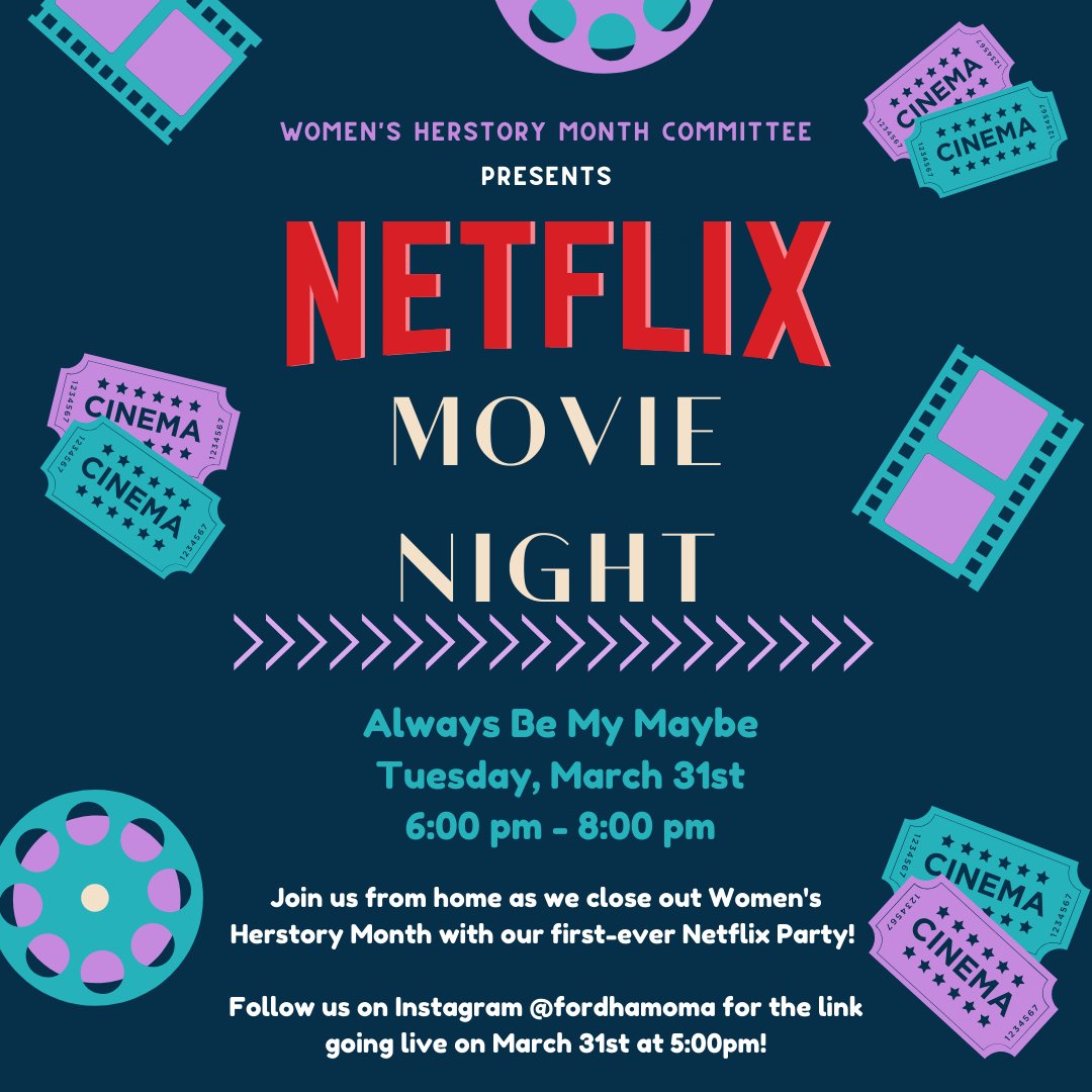 FordhamOMA's tweet photo. Join us for our first ever Netflix Party as we close out Women's Herstory Month with a showing of Always Be My Maybe! Check back with us on IG on Tuesday when the link to join goes live at 5:00pm!

Don't have Netflix Party? Install it here! https://t.co/eXFEIqjilB https://t.co/HZaZRgWQOe