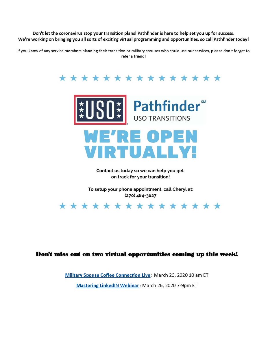 FortSfl's tweet photo. Soldier for Life-Transition Assistance Program USO/Pathfinder Virtually still open give a call at 270-484-3627 https://t.co/mLmqY9Q2VF