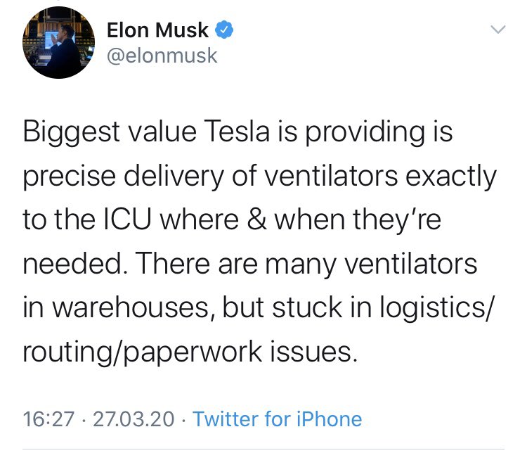 TSLA_Q's tweet image. „Biggest value Tesla is providing is precise delivery of ventilators“ - there are reasons that #TeslaDeliveryIssues exists. $TSLA
