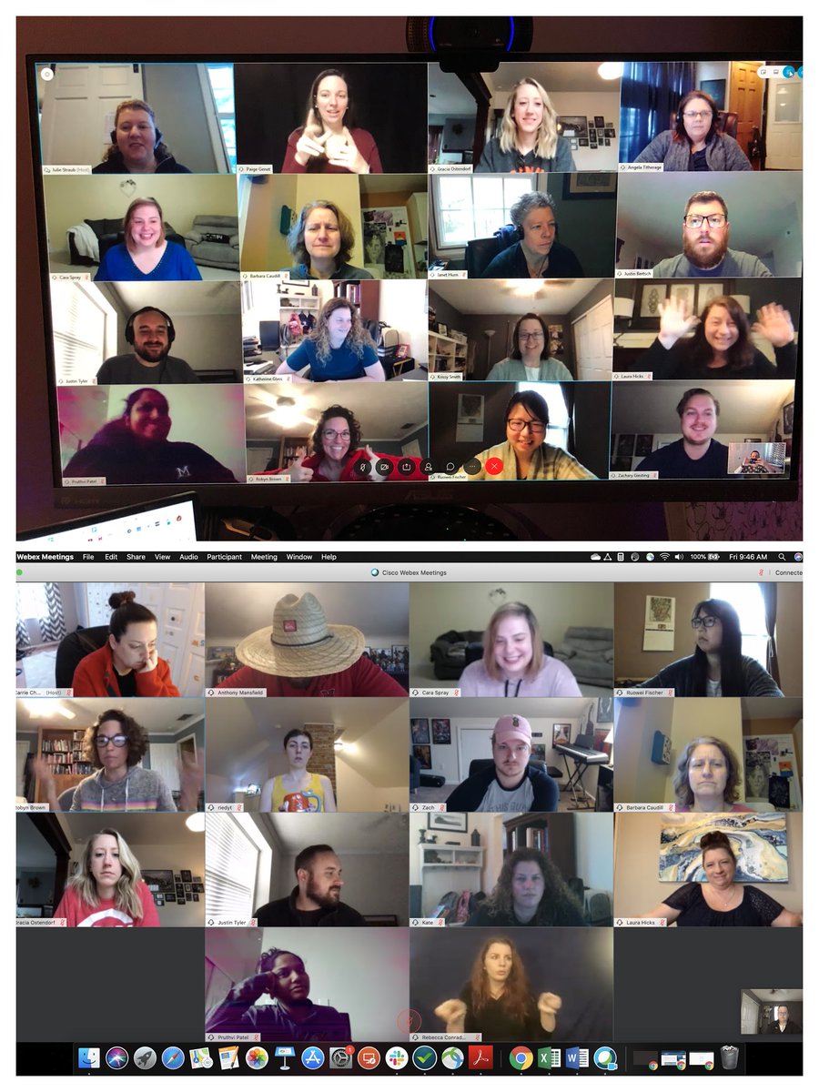 careboenator's tweet photo. @JasonWOsborne @miamiuniversity The @ECampusMiami team on day 1 of remote work (top) vs. today (bottom). We're in good spirits, but definitely feeling the effects of #SocialDistancing . We're still all here to help! Reach out and give us all some human interaction! https://t.co/WW1c6oTxC9