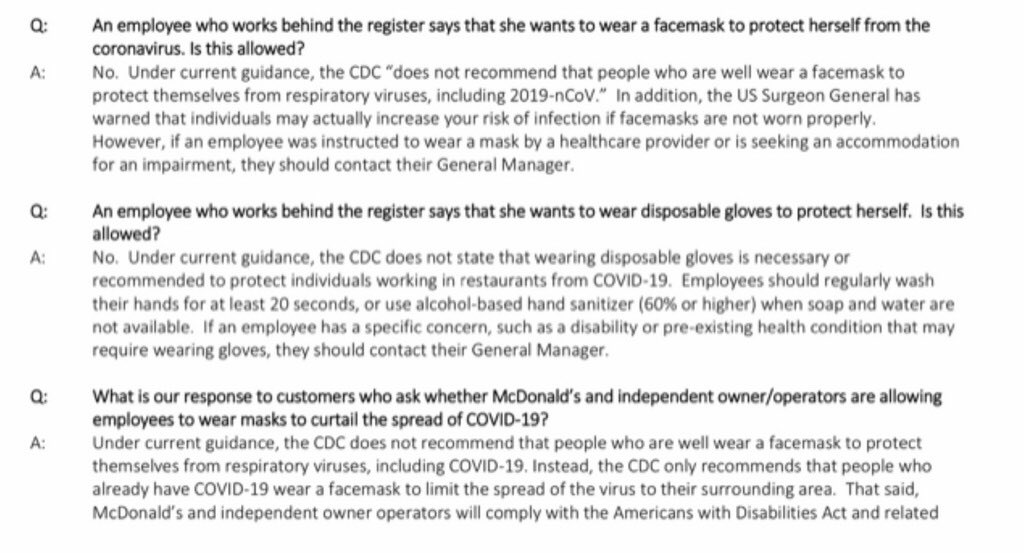 LRBickford's tweet photo. @chrismartenson this is the response from Corporate for a local fast food franchise that I work for... Not sure what to do, but if they tell me to take my face mask off, I’ll have to tell them no... It’s not n95 or anything like that, but it��s all I currently have. I can’t comply https://t.co/Py16RCQ6DK