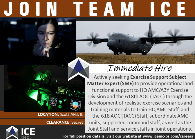 iceinc_corp's tweet photo. JOIN TEAM ICE – IMMEDIATE HIRE

ICE Inc. is actively seeking a full time Exercise Support Subject Matter Expert (SME) to support the HQ Air Mobility Command (AMC) in Scott AFB, IL!

For full position details visit our website at https://t.co/vvVtzDds1g

#JoinTeamICE https://t.co/AlIUj0yB8D