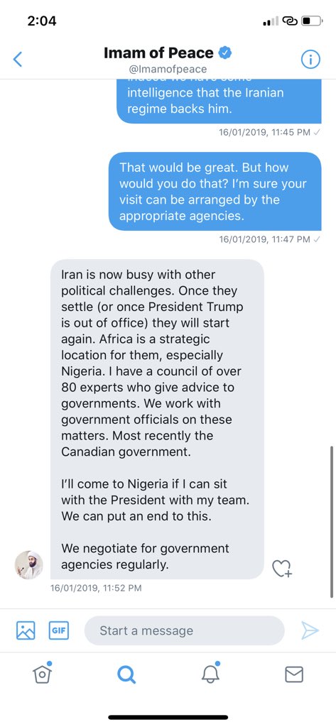 <a href="/Imamofpeace/">Imam of Peace</a> is a conman &amp; jobber. Last year he reached out to me seeking audience with the President, that he could negotiate with IMN’s Zakzaky for the gov’t. His move was suspicious and questionable. His attack on Pres. Buhari is nothing short of cowardice &amp; blackmail.