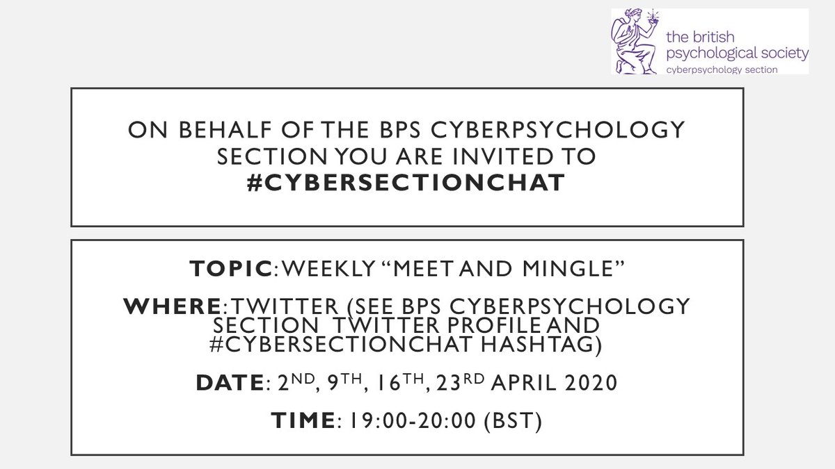 BPSCyberPsych's tweet photo. Remember tonight is our weekly "Meet and Mingle" #CyberSectionChat event. Come along to connect with the community https://t.co/GPRwdYgVYK