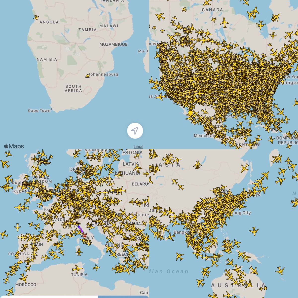 PLMyburgh's tweet photo. Realtime flights in four regions of the world. Practically only South Africa/Africa restricting air travel. The highlighted flight on the Euro map shows flight from Milan to Rome, amid plenty more. Is Italy not getting it? US - business as usual. What’s going on? (Plane Finder) https://t.co/5PosF4SN8k