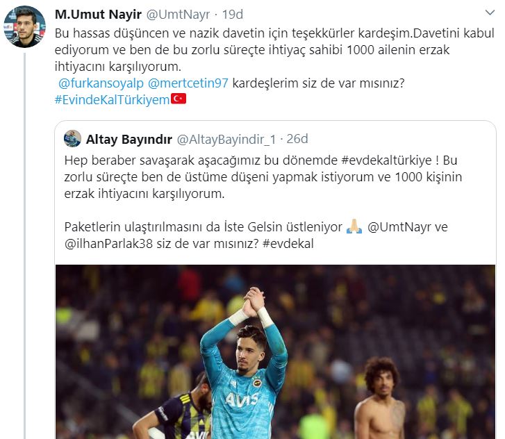 buzzspor's tweet photo. Altay Bayındır: "Bu zorlu süreçte ben de üstüme düşeni yapmak istiyorum ve 1000 kişinin erzak ihtiyacını karşılıyorum."

Umut Nayir: "Davetini kabul ediyorum ve ben de bu zorlu süreçte ihtiyaç sahibi 1000 ailenin erzak ihtiyacını karşılıyorum." https://t.co/ydo2Ri9RhV