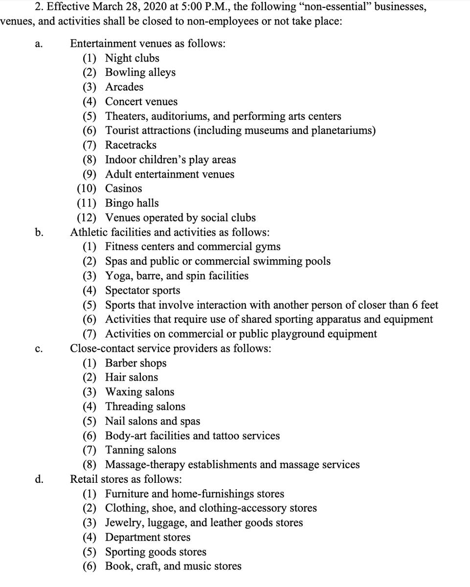 ByChipBrownlee's tweet image. Here is the list of those businesses that will be required to close in Alabama tomorrow, March 28, at 5 p.m.

Gov. Kay Ivey is not naming this a shelter in place or stay at home order. But it's not that far off. 

Non-work-related gatherings of 10 or more are also prohibited.