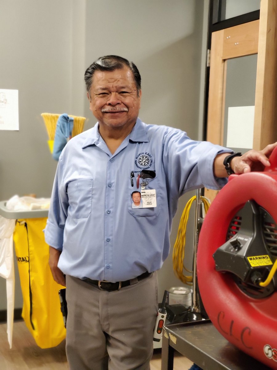 NEISDCommEd's tweet photo. Ralph is one of our several hard-working custodians and he always has a smile on! We are so #grateful for our all of our custodians as they deep clean the facility so that it is ready to go once we return. #FridayFeature #theNEISDway #NEISDCommunityEd #KickUpYourHeels https://t.co/m9qatiqyv4
