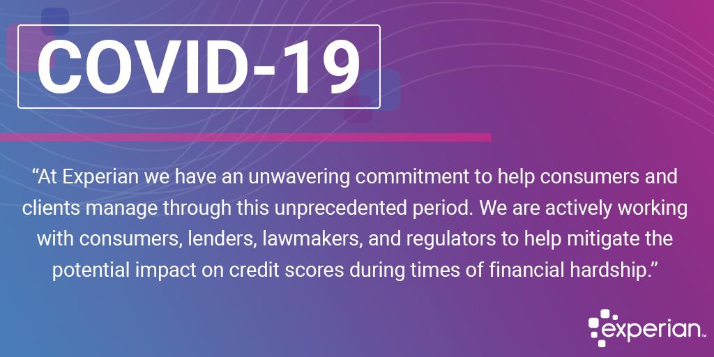 Experian's tweet photo. As the consumer’s credit bureau, we are committed to working with consumers, lenders and the financial community during and following the impacts of COVID-19. https://t.co/GhgaRmqwfj #covid19 #myfinhealth https://t.co/iR2Bp6lCNV