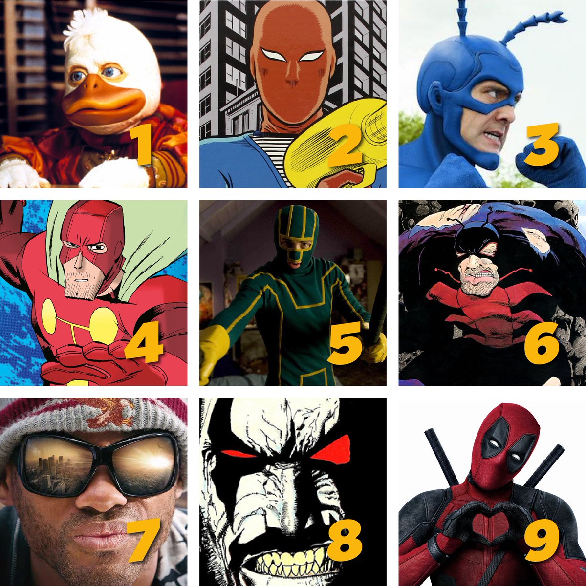 Hay personajes que no quieren ser héroes o, simplemente, son un auténtico desastre en el intento. ¿Cuál de ellos es tu preferido? #9HCC

#HowardElPato
#RayoMortal
#TheTick
#El Vecino
#KickAss
#TheCockroach
#Hancock
#Lobo
#Deadpool