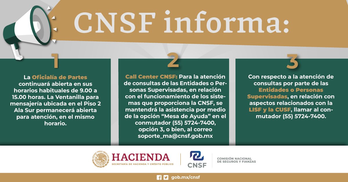 CNSF_gob_mx's tweet photo. #CNSFInforma acerca de los horarios y contacto que mantendremos durante el #COVID19. Seguiremos informando por ese medio.
#BuenViernes https://t.co/D3zx1spGrU