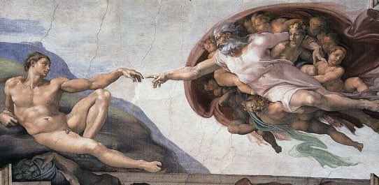(L) 2020: Michael Kountouris / Greece /  http://CagleCartoons.com (R) 1510: Michelangelo, Creation of Adam, from the ceiling of the Sistine Chapel in the Vatican