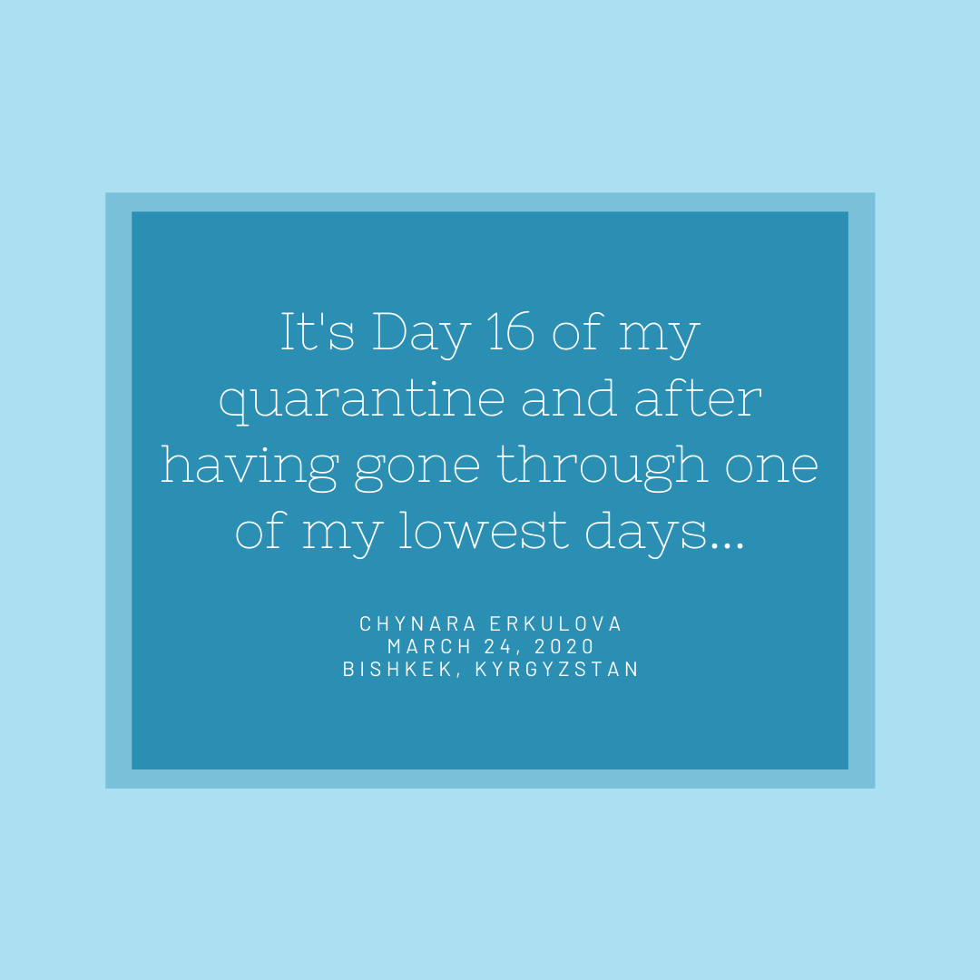 ctznstaskforce's tweet image. &quot;The power of a routine&quot; by Chynara Erkulova in Bishkek, Kyrgyzstan, March 24, 2020. Read this dispatch and submit your own at citizenstaskforce.org. #GlobalDispatches