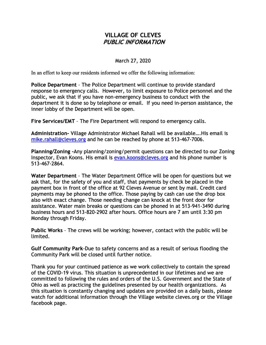 Information concerning Village of Cleves Operations during the COVID-19 emergency: