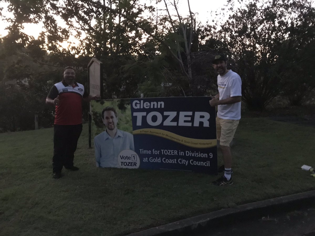 GlennontheGC's tweet photo. The early bird catches the worm I’m told. Thanks Alec from the #Mudgeeraba Redbacks for his support at St Benedict’s this morning! #VOTE1TOZER https://t.co/HgajznqBXq