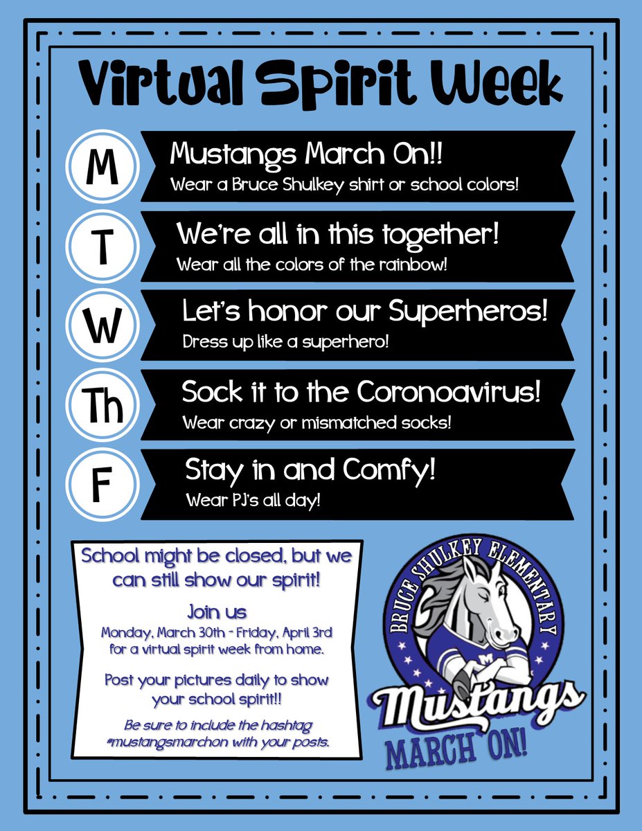 ShulkeyFWISD's tweet photo. We may not be at school but we can still have some fun!!
Follow the days and post your pictures of you dressed up!!
Be sure to use the hashtag
#mustangsmarchon https://t.co/zHTGMNv9Cu