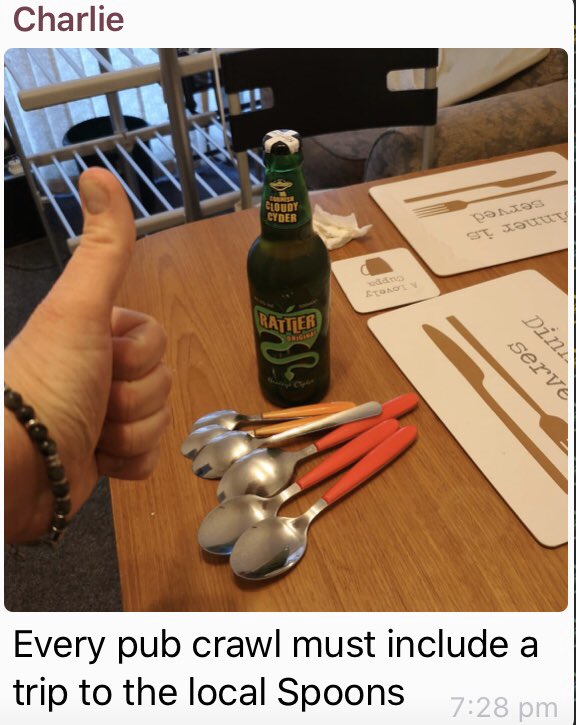 alicenavarro's tweet photo. So my brother is on his own for his 30th and has done a pub crawl of his house. The winner has to be this... #Wetherspoons #spoons #birthdayisolation #happybirthday #localspoons #IsolationLife https://t.co/q5ybmqEtdE