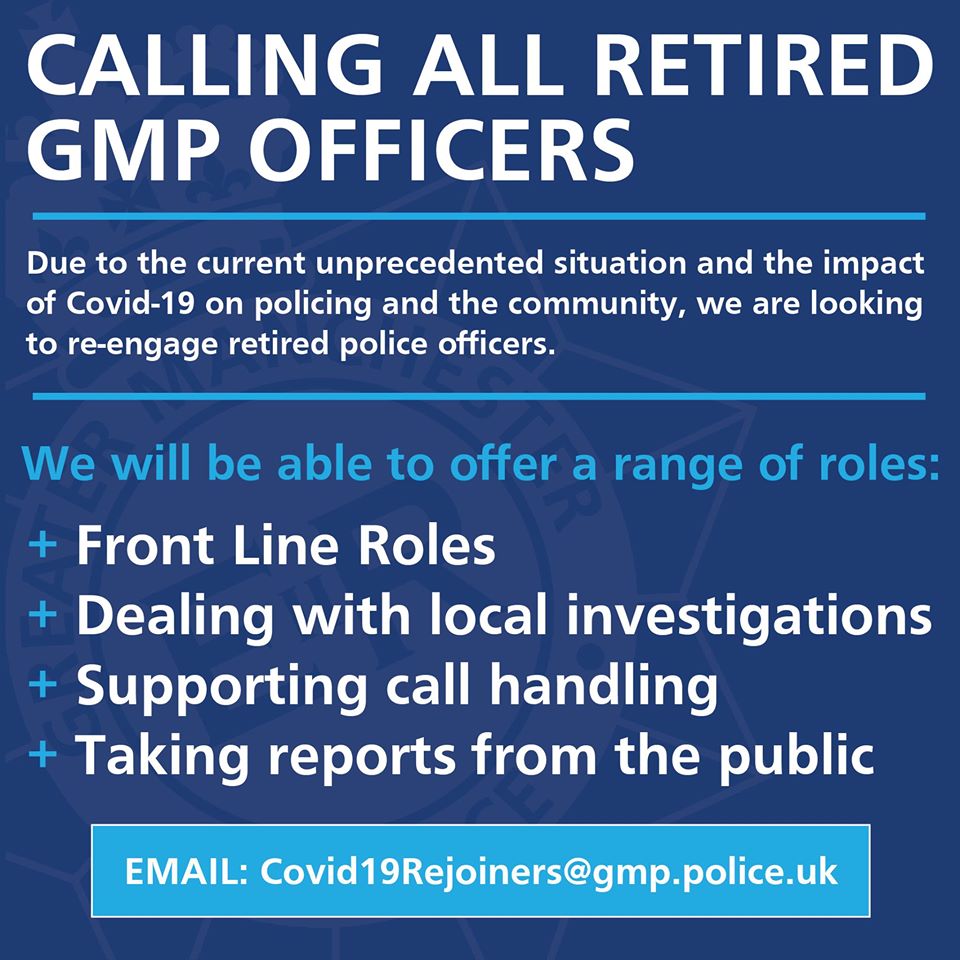 gmpolice's tweet photo. Calling all retired GMP Officers.

If you are interested and you think that you can help us and support your community, then please send your details to this mailbox Covid19Rejoiners@gmp.police.uk https://t.co/Sp6e3zTqGN