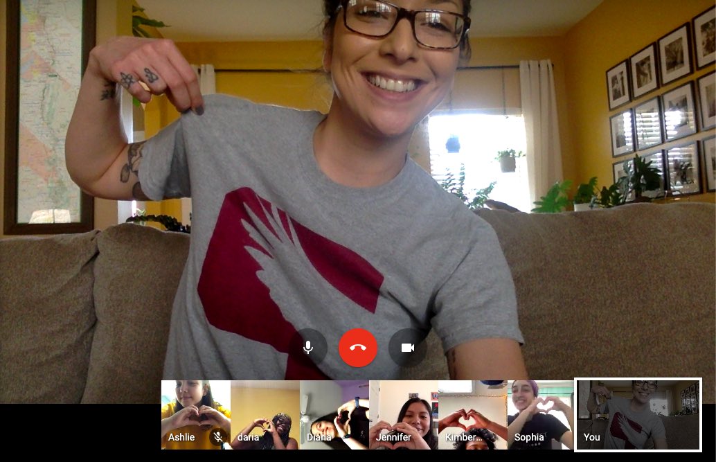 missantonacci's tweet photo. Showing our virtual school spirit! We ❤️ the Brook! 💙❤️🤍🖤 Google Hangout with some of my kiddos this morning! @principal_proud https://t.co/jBPqcFRPOj