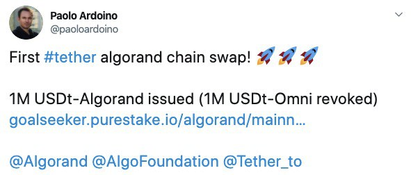 Do_bro_del's tweet photo. Paolo Ardoino (CTO @bitfinex &amp; @tether) tweeted:
"First tether algorand chain swap! 🚀🚀🚀

1M USDt-Algorand issued (1M USDt-Omni revoked)
https://t.co/JeJtYjJDy4 https://t.co/aS1c3entUo