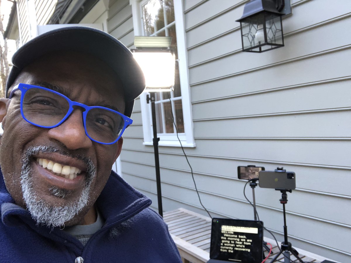 alroker's tweet photo. Yes. Made it to Fri-yay. Here’s my backyard setup for @todayshow and @3rdhourhourToday  iPhone is Live U, other iPhone is return. iPad is prompter. And a LED light panel and an iRig/Sennheiser mic  combo https://t.co/DomHW57KTf