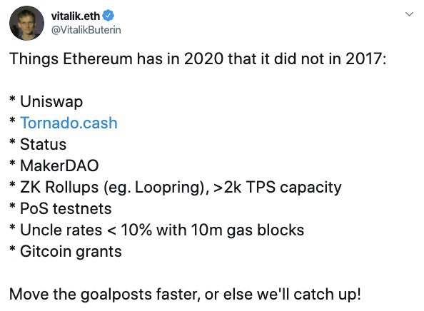 Do_bro_del's tweet photo. .@VitalikButerin
Things Ethereum has in 2020 that it did not in 2017:

*Uniswap
*Tornado cash
*Status
*MakerDAO
*ZK Rollups (eg. Loopring), >2k TPS capacity
*PoS testnets
*Uncle rates < 10% with 10m gas blocks
*Gitcoin grants

Move the goalposts faster, or else we'll catch up!" https://t.co/44djGBAZ7F