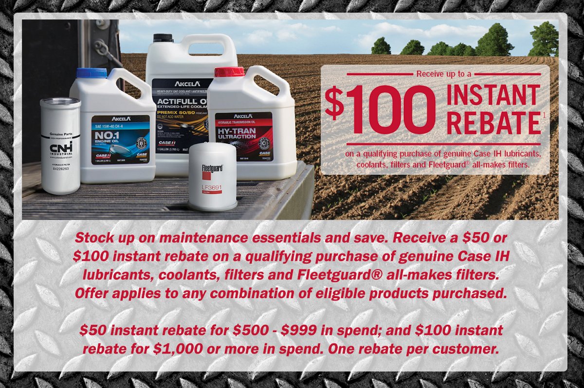 BaneWelkerEquip's tweet photo. In addition to our #filtersale you can earn instant rebates on the purchase of Genuine @Case_IH coolants, lubricants & filters as well as #Fleetguard all makes filters! Good through 3/31/2020 *Restrictions apply https://t.co/0yVizezoLh