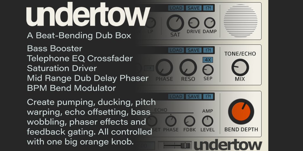 Undertow is now available! More info here: psychicmodulation.com/undertow.html

#vst #dubdelay #multifx #saturation #bpm #lfo #drumfx #beatbender