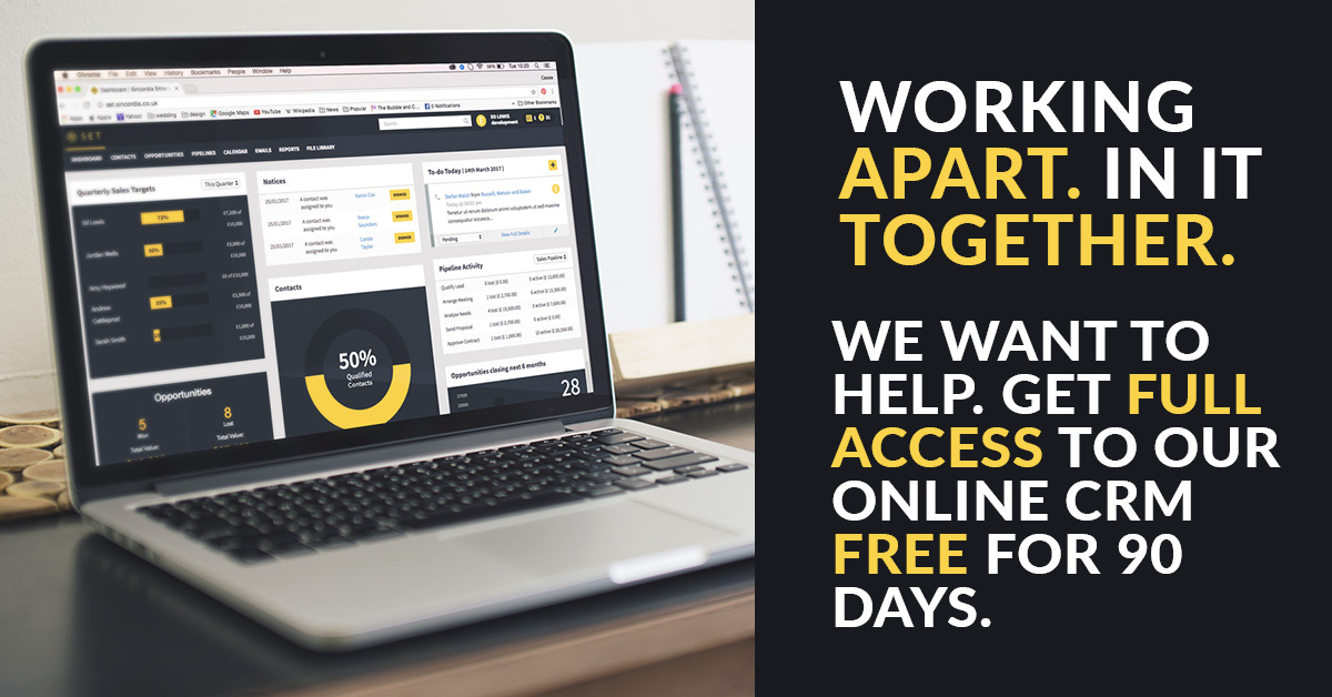 SET_UK's tweet photo. SET for business is a cloud-based CRM tool designed for sales teams, working the same whether you’re in the office, on mobile, or like us, working from home.

Sound useful? That's why we've extended our free trial to 90 days. No contract, no fees: https://t.co/Gr9Ijkp8Ne https://t.co/BZbcE11mlO
