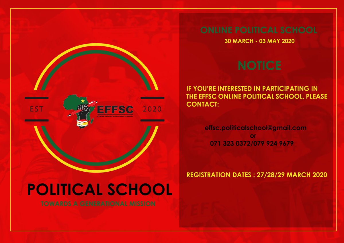 EFFYouthCommand's tweet photo. If you're interested in the EFFSC's Online Political school, please sign up at effsc.politicalschool@gmail.com. Alternatively, contact 071 323 0372 / 079 924 9679.

Registration dates: 27/28/29 March

#umrhabulo
#effsconlinepoliticalschool https://t.co/9gXgcK2YTM