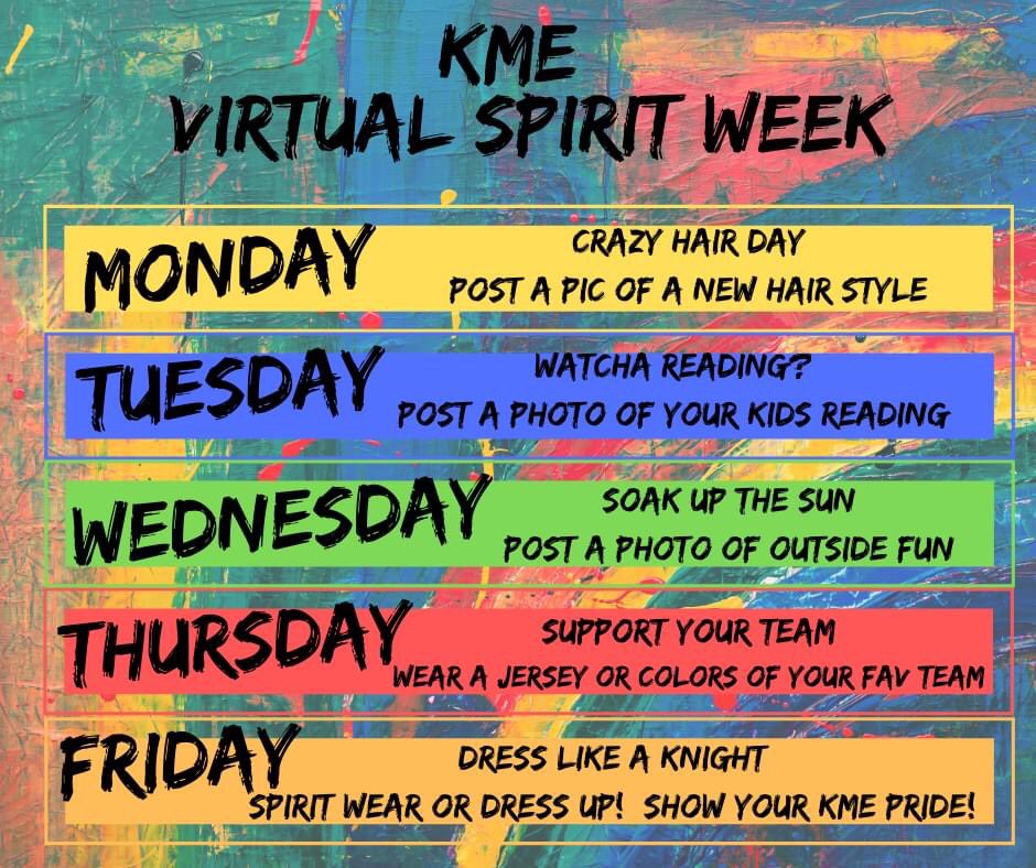 Spirit Week!!! Next week. Please join us and send us your pics. #WeAreKehrsMill #ShowyourShield #Showyourspirit