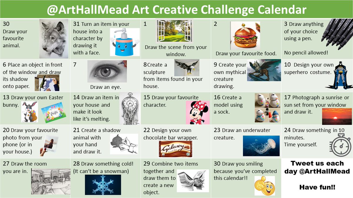 ArtHallMead's tweet photo. Check out our creative challenge calendar. Daily activities that you can do alongside your Moodle work if you want more Art. Starting Monday 30th. There will be prizes for the most creative works when we return to School. Tweet us daily with your work. @hallmead @ArtHallMead https://t.co/7tqAHH6XIG